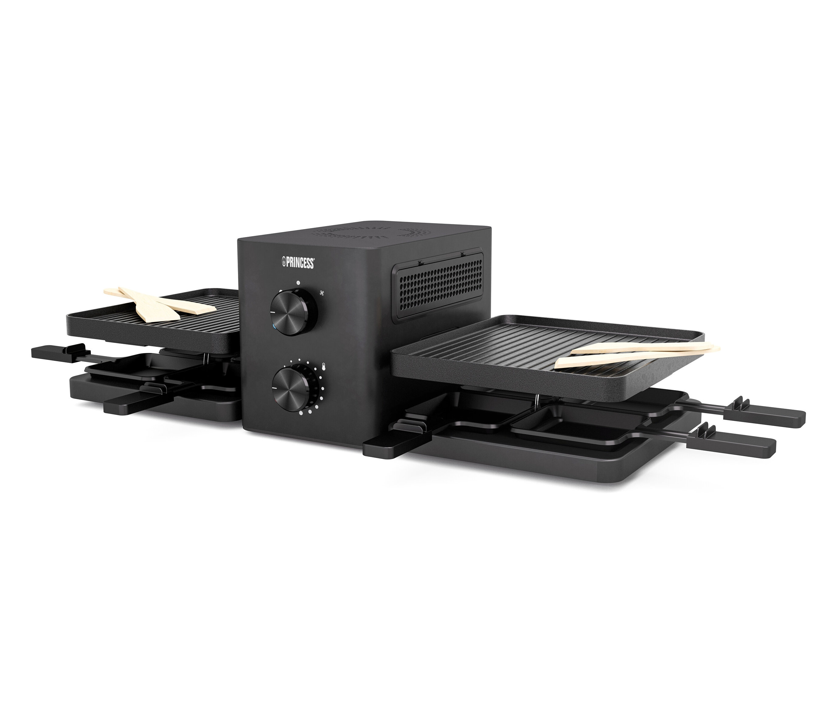 Fekete raclette páraelszívóval és nyolc kis serpenyővel.