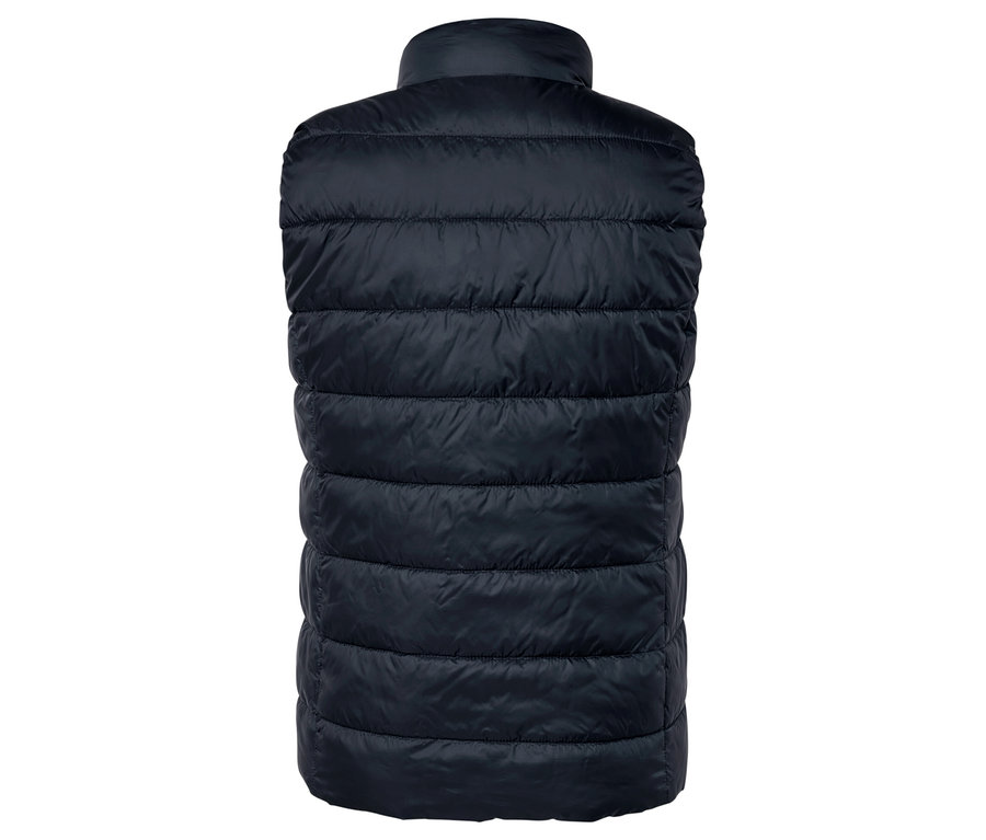 Hátulnézet egy sötétkék, steppelt mellényről.