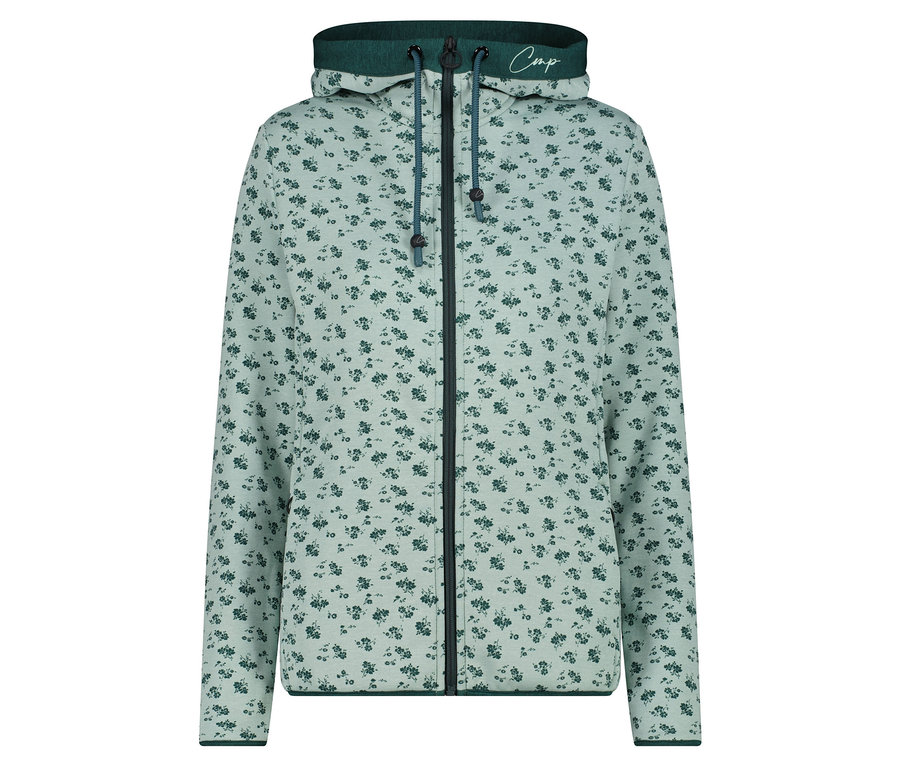 Halványzöld, cipzáros, virágmintás kapucnis pulóver.