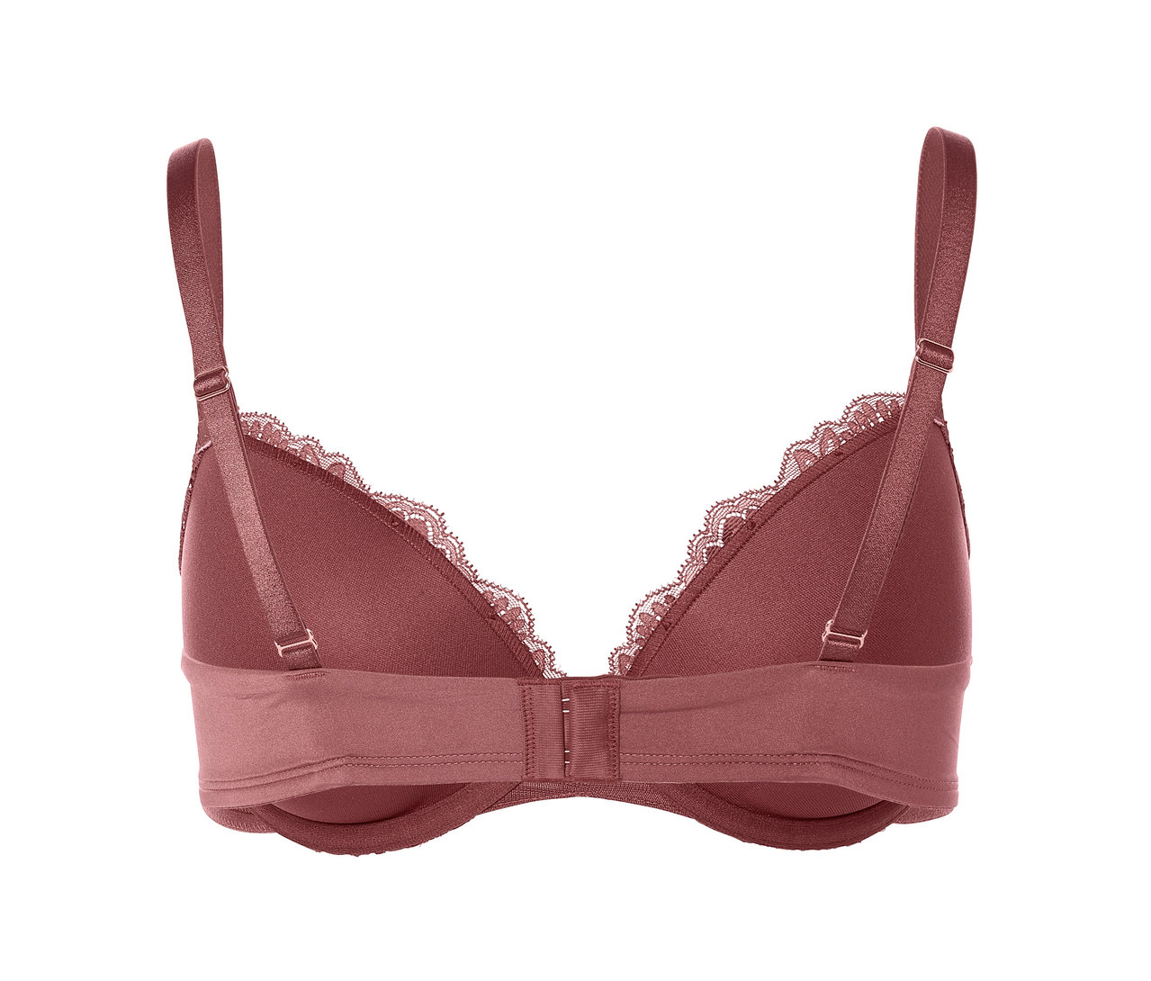 Egy bordó színű, csipkés push-up melltartó részletgazdag hátsó nézete, állítható pántokkal és kapcsos zárással.
