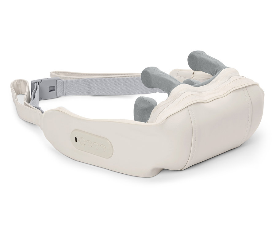 Egy fehér nyakmasszírozó közeli képe szürke masszírozó fejekkel és állítható pánttal.