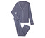 Tengerészkék pizsama fehér szegéllyel, gombos felsővel és nadrággal.