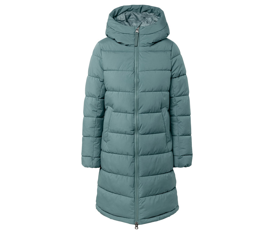 Türkiz, steppelt, kapucnis pehelykabát.