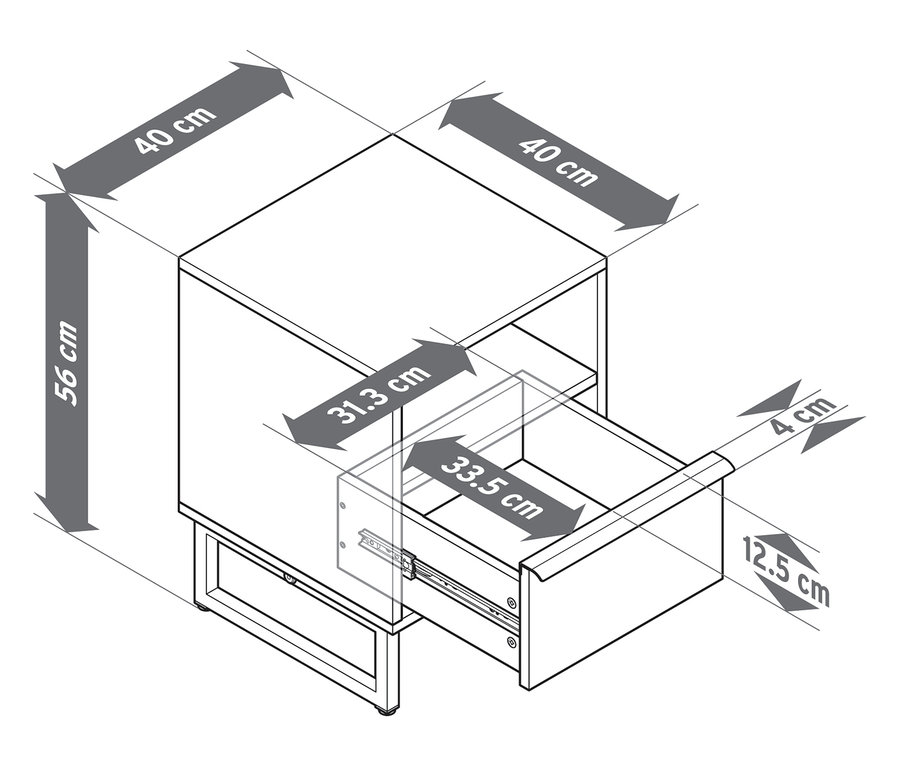 Felülnézet egy »LEEG« éjjeliszekrényről egy fiókkal és méretekkel.