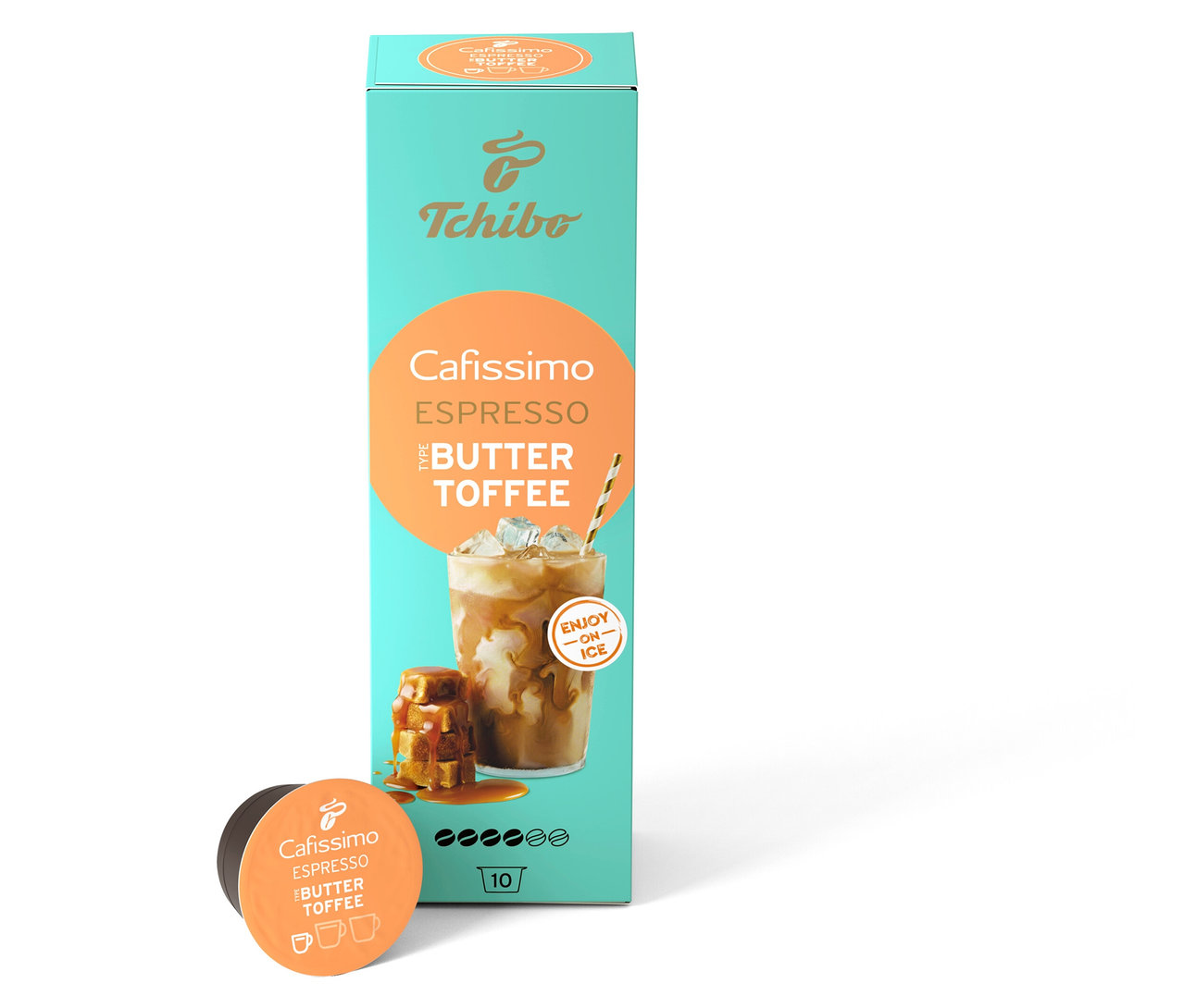 Egy csomag Cafissimo Flavoured Espresso - Buttertoffee kapszula két különálló kapszula mellett áll.