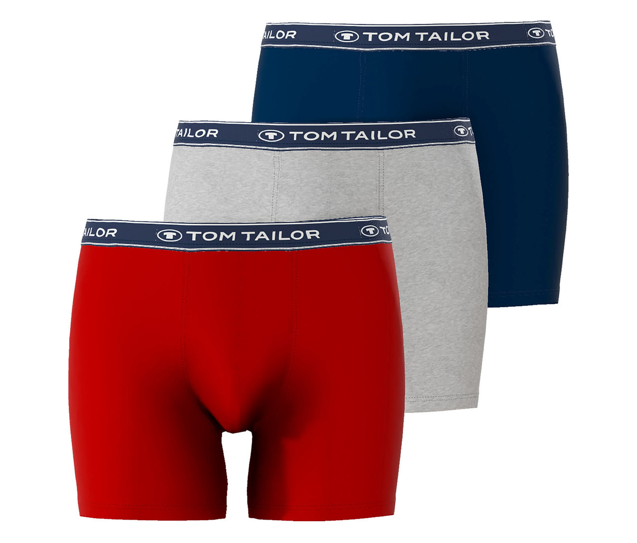 Három Tom Tailor boxeralsó piros, szürke és kék színben egymásra helyezve.