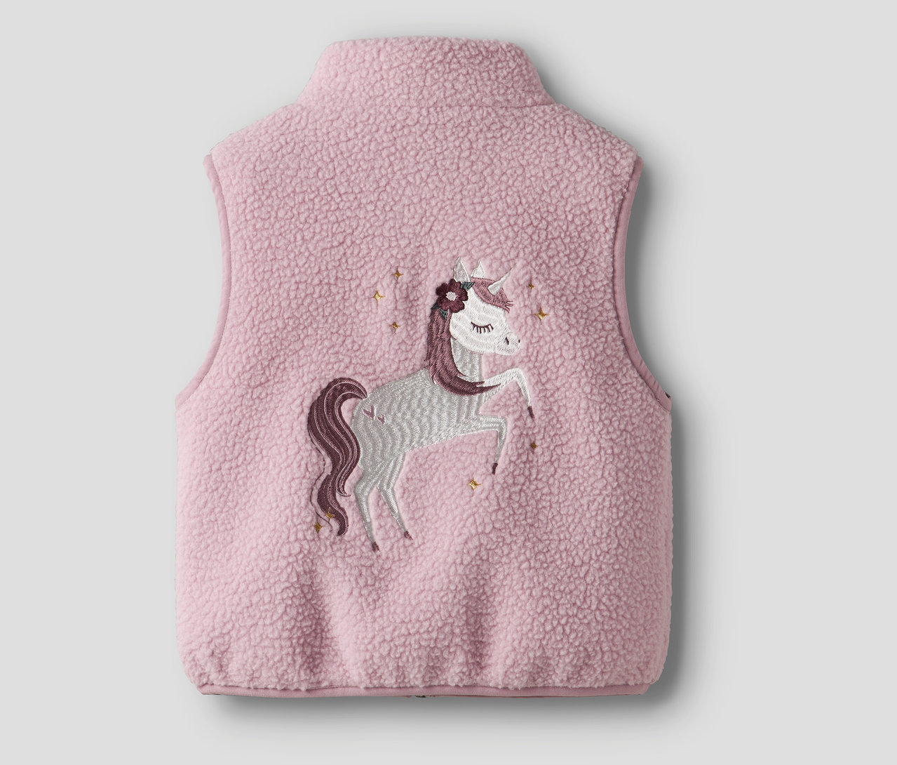 Rózsaszín NAME IT Teddy mellény hímzett unikornissal a hátán.