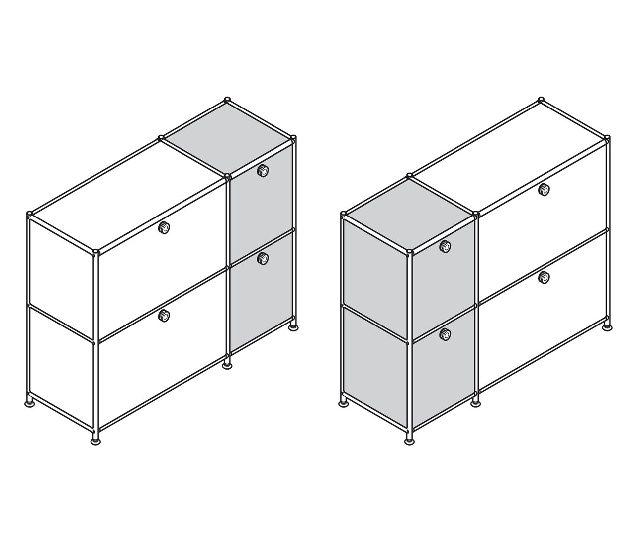 Két »CN3« komód látható 4 lenyitható ajtóval, az egyik szürke és fehér, a másik teljesen szürke.