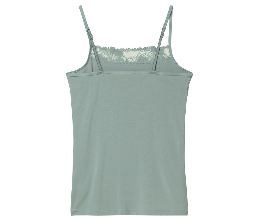 Hátulnézet egy ujjatlan, mentazöld női felsőről, csipkével a nyakkivágásánál és állítható pántokkal.