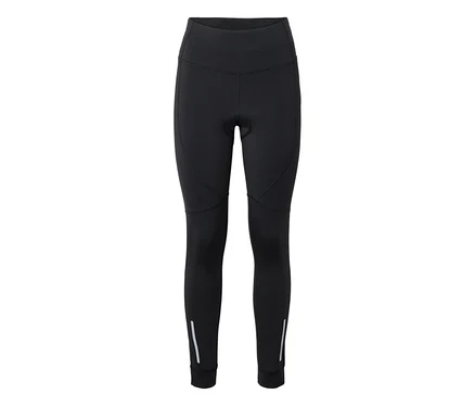 Fekete kerékpáros leggings széles derékpánttal, látható betéttel az ágyékánál és fényvisszaverő csíkokkal a bokáknál.