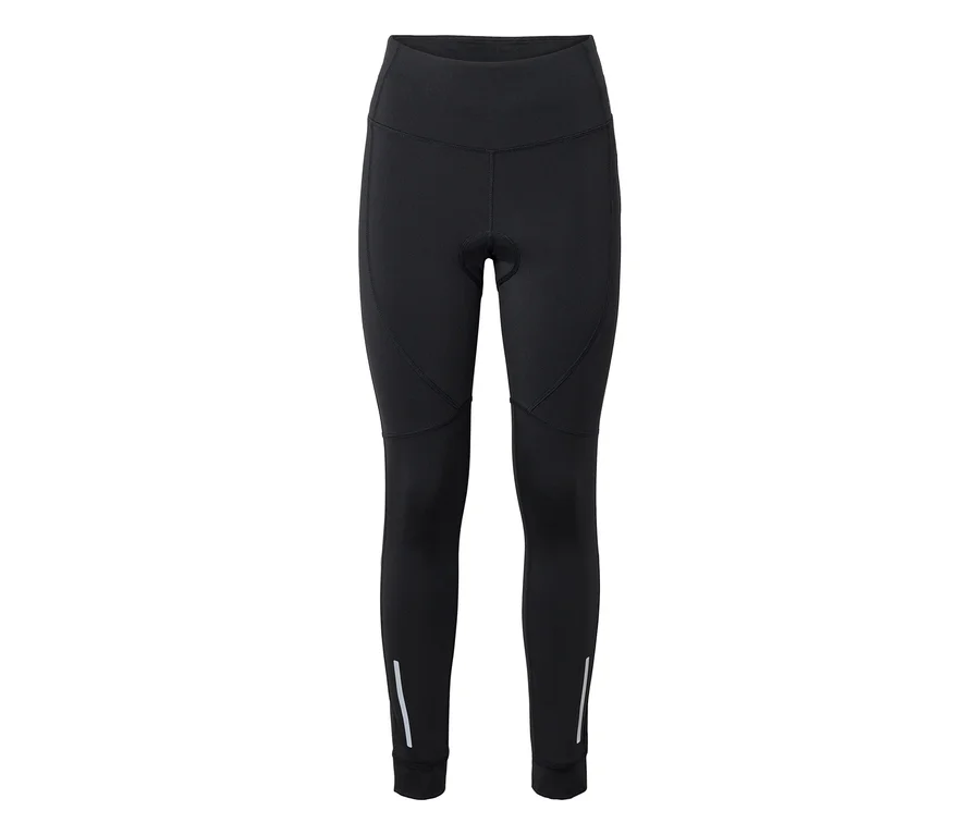 Fekete kerékpáros leggings széles derékpánttal, látható betéttel az ágyékánál és fényvisszaverő csíkokkal a bokáknál.