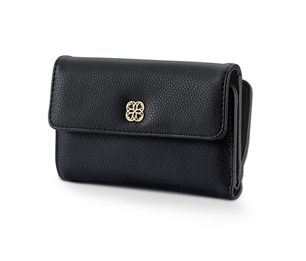 Egy fekete pénztárca fehér háttérrel.