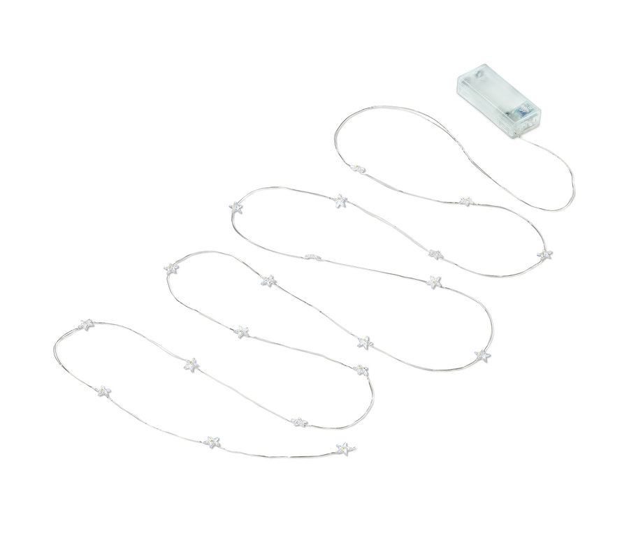 LED-es mikro égősor, 20 csillag fehér háttérrel.