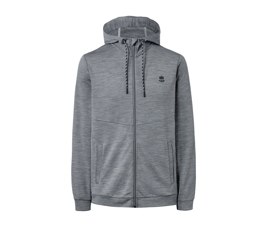 Szürke, cipzáras, kapucnis funkcionális felső merinó gyapjúból.