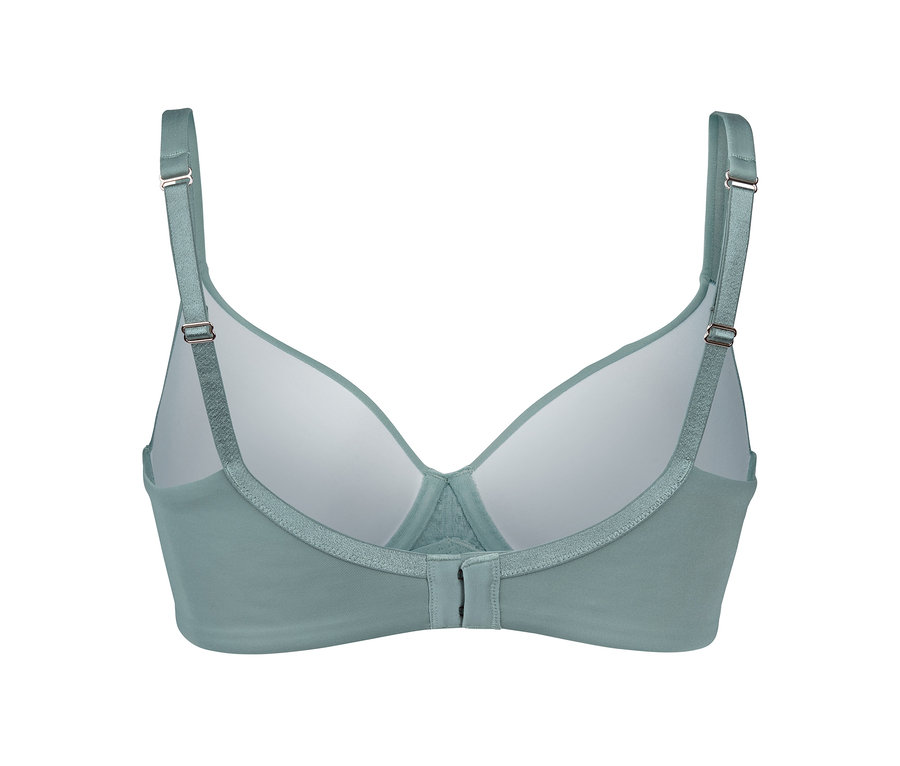 Hátulnézet egy pisztácia színű, kosaras, memóriás melltartóról.