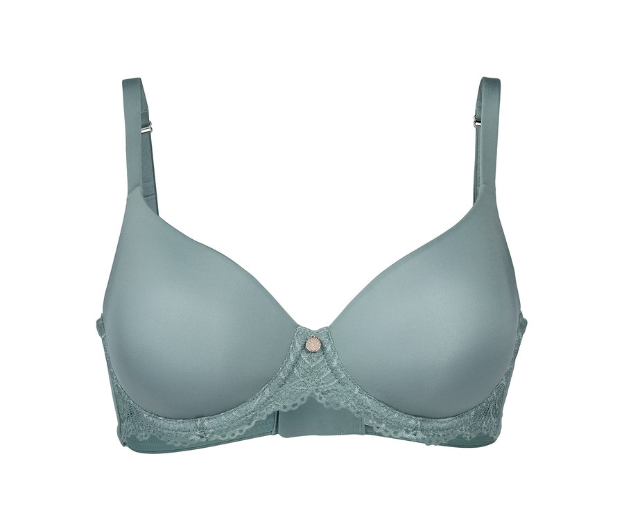 Egy zöld, kosaras melltartó memória hatással, fehér háttérrel.