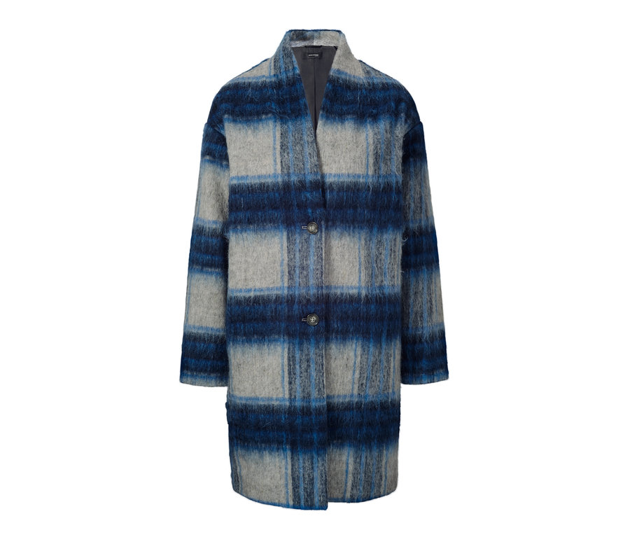 Kék és szürke kockás kabát.