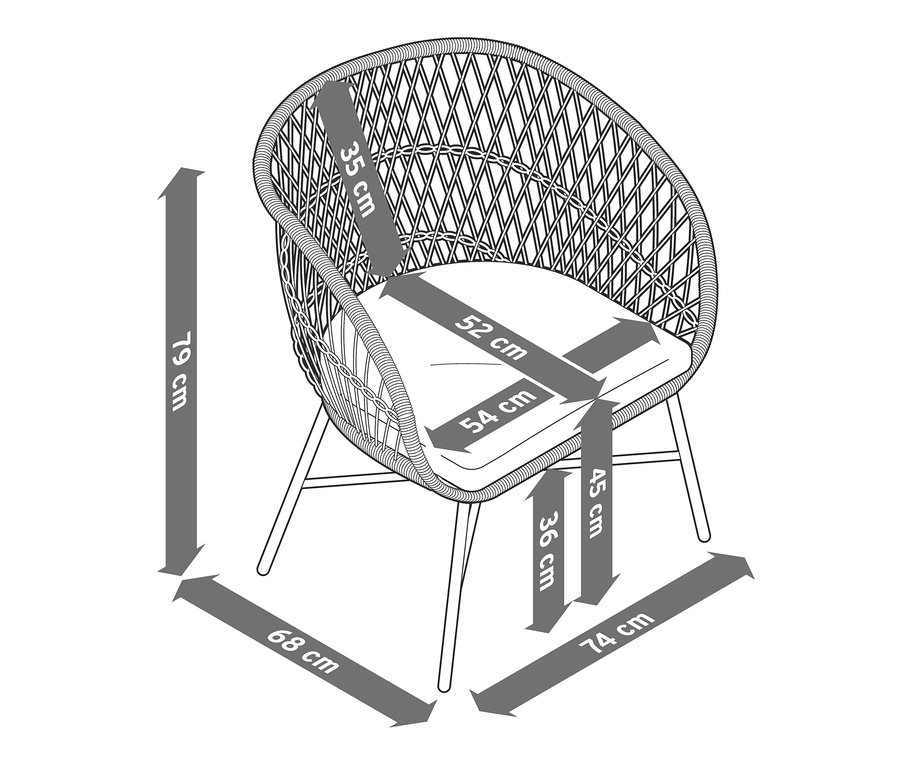 A polyrattan kerti fotel méretei.