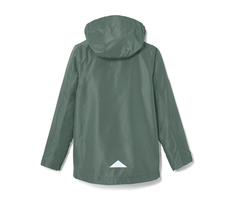 Hátulnézet egy zöld gyerek kabát minden időjárásra.
