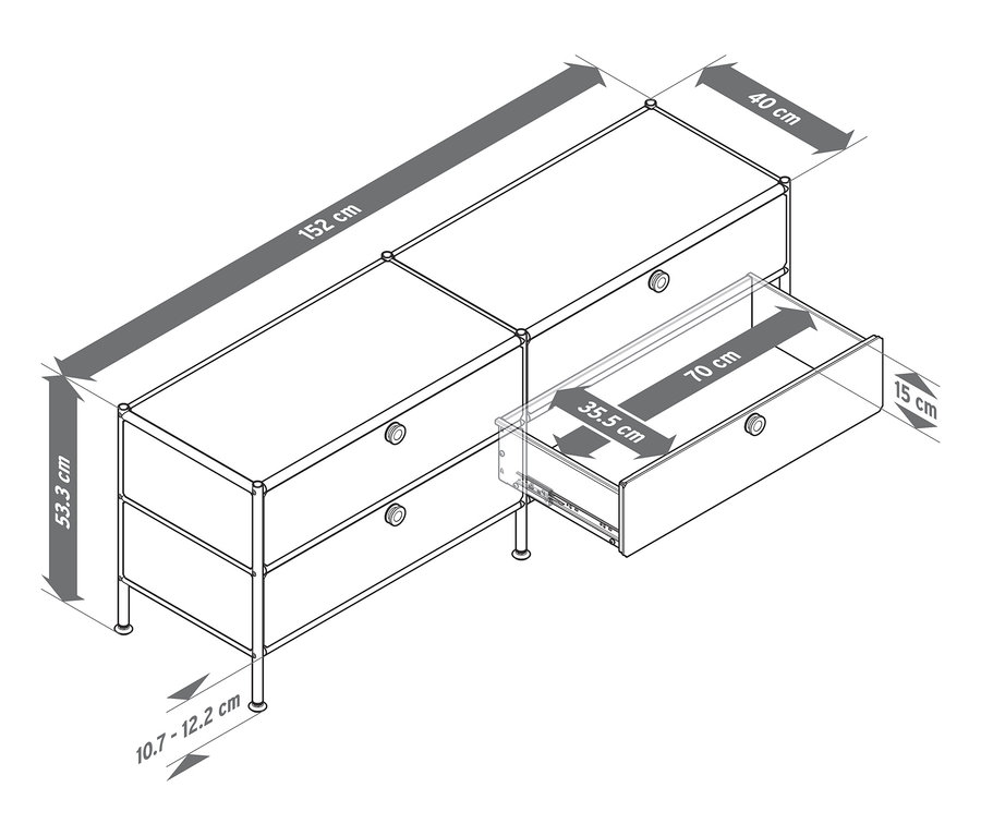 Egy »CN3« alacsony fém komód illusztrációja 4 fiókkal, kihúzott fiókkal és a méretek feltüntetésével.
