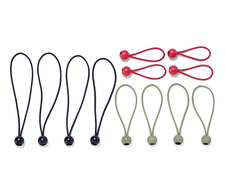 Tizenkét leszorítógumi golyóval, fekete, piros és zöld színben.