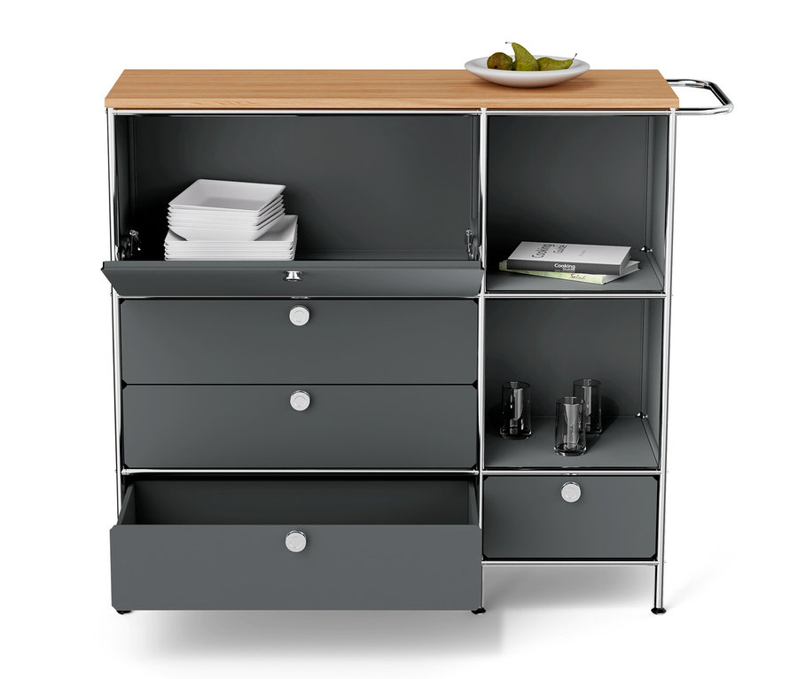 Szürke »CN3« fém komód fa felső lappal, egy lenyíló ajtóval és négy fiókkal.