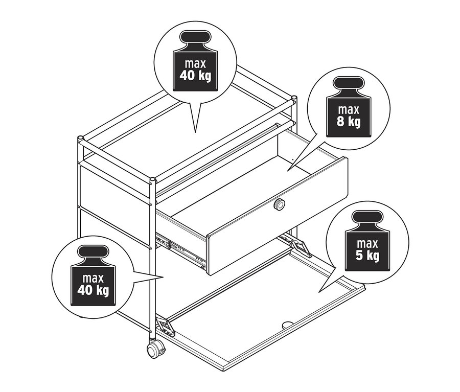 Ábra egy »CN3« fém komódról 1 fiókkal, 1 lenyíló ajtóval és kerettel.