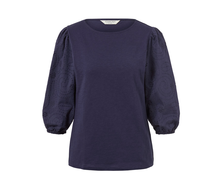 Sötétkék, 3/4-es ujjú, lyukhímzéses női felső.