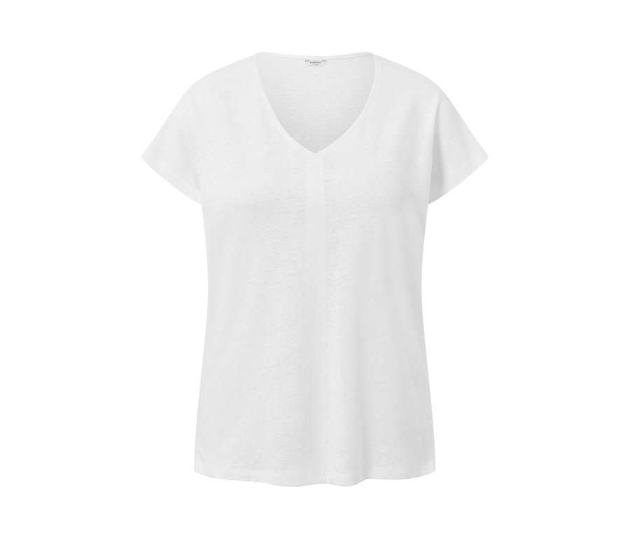 Krémszínű, lenvászon keverékéből készült V-nyakú póló.