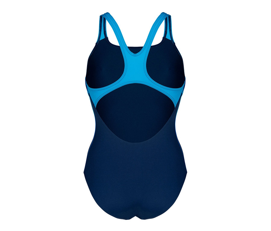 Közelkép az arena Performance márkájú Two Sides Swim Pro Back női fürdőruha hátuljáról, kék és türkiz színben.