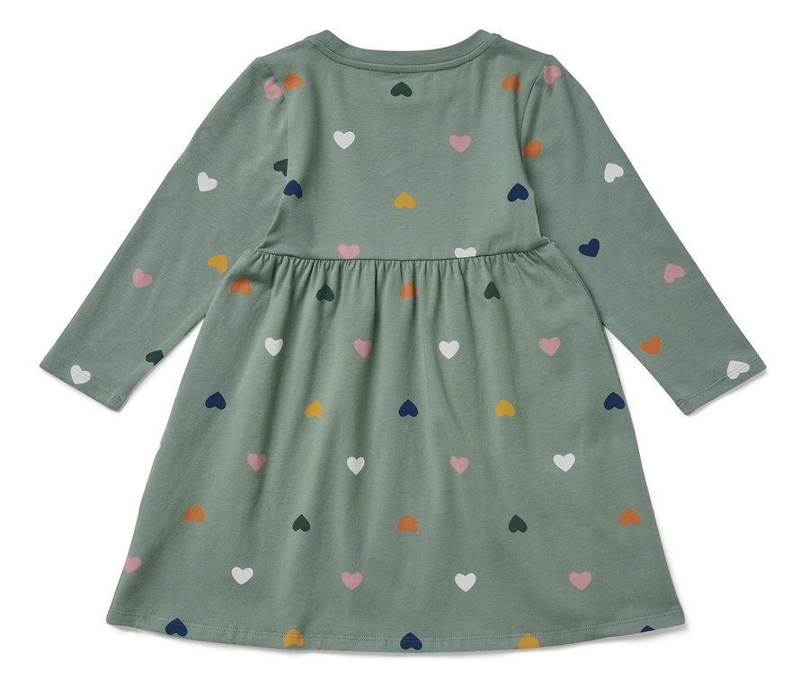 Zöld, hosszú ujjú ruha színes szívecske mintával.