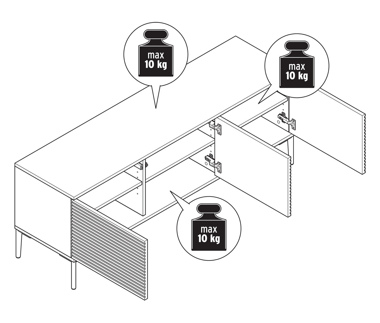 Egy fehér, lamellás TV-szekrény vázlata nyitott ajtókkal. Maximális terhelhetőség 10 kg.