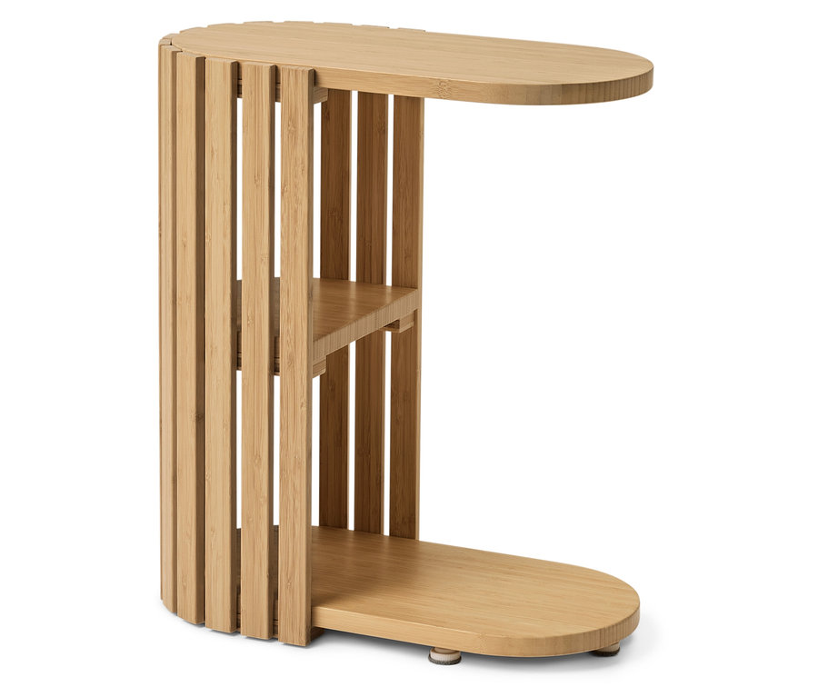 Világosbarna fa asztal ovális asztallappal, polccal és ovális talppal.