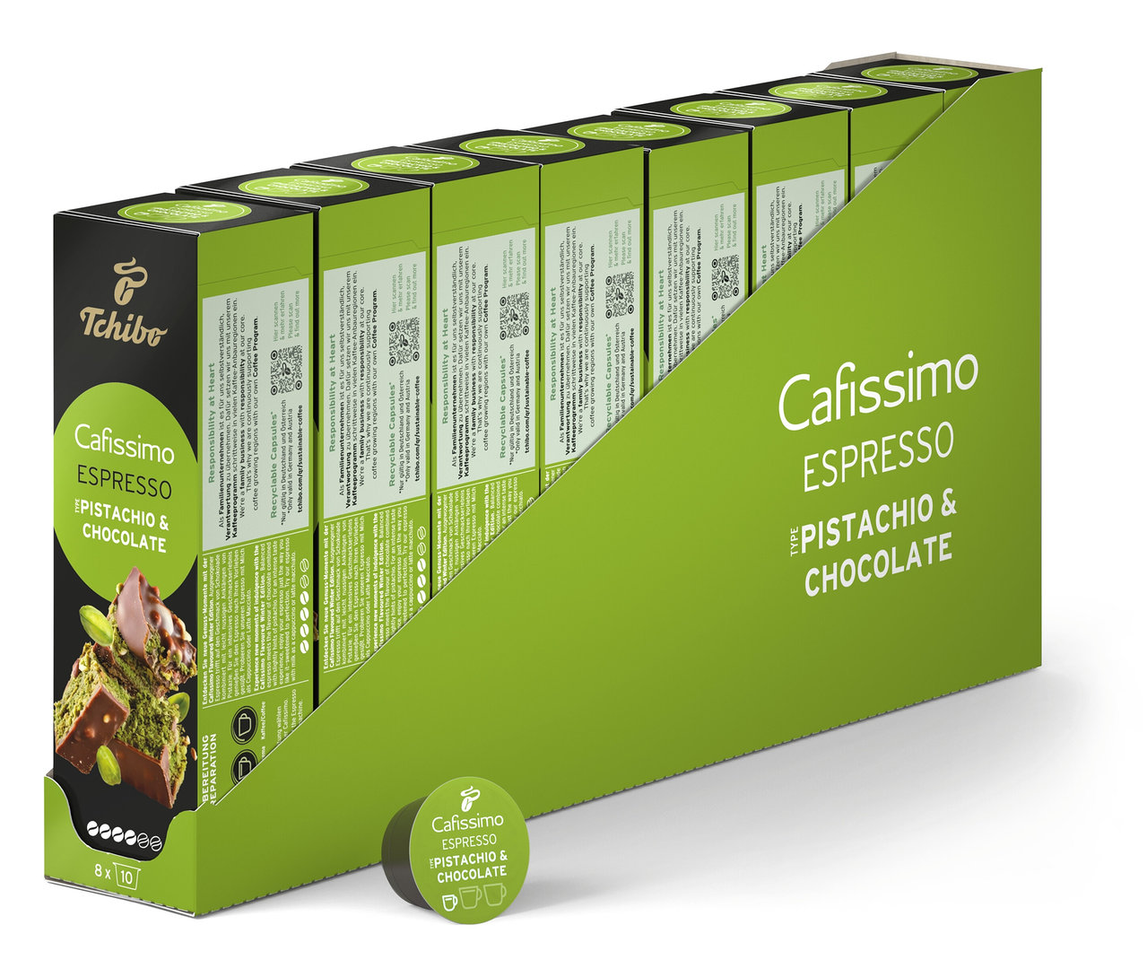 Egy sor Cafsiismo Flavoured Espresso - Pisztácia és Csokoládé - 80 kapszula csomagolás.