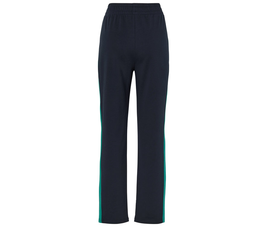 Sötétkék színű, gumis derekú szabadidőnadrág zöld csíkokkal az oldalán.