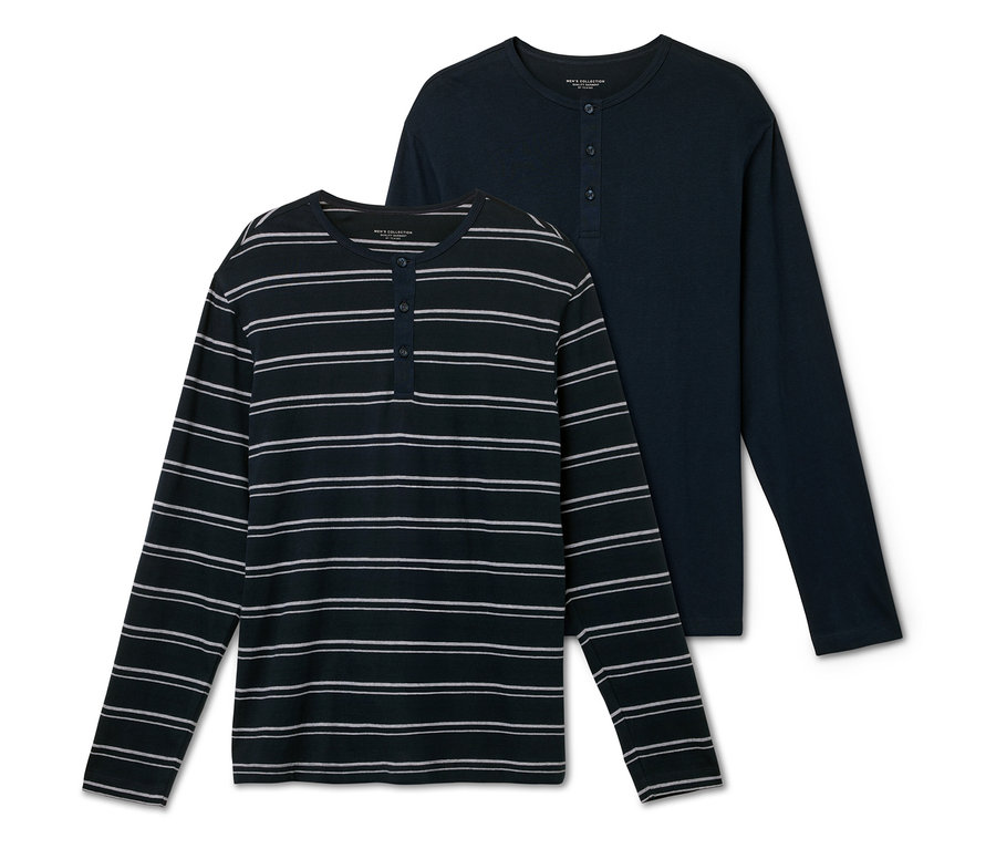 Két férfi hosszú ujjú póló. Az egyik sötétkék, fehér csíkokkal, a másik egyszínű sötétkék.