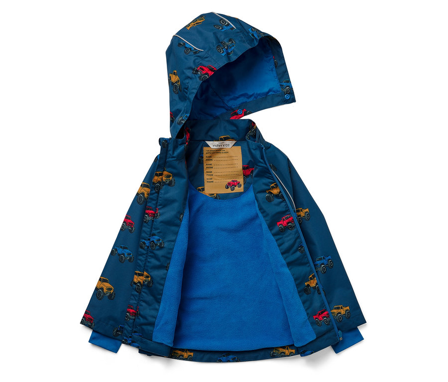 Nyitott kék gyerek dzseki kapucnival és monster truck mintával.