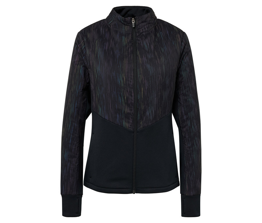 Fekete cipzáras kabát mintával a felső részén.