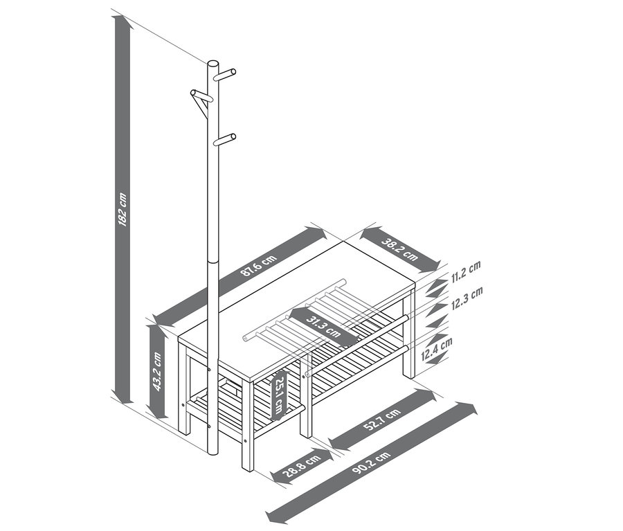 Egy pad és egy álló fogas méretezett rajza.