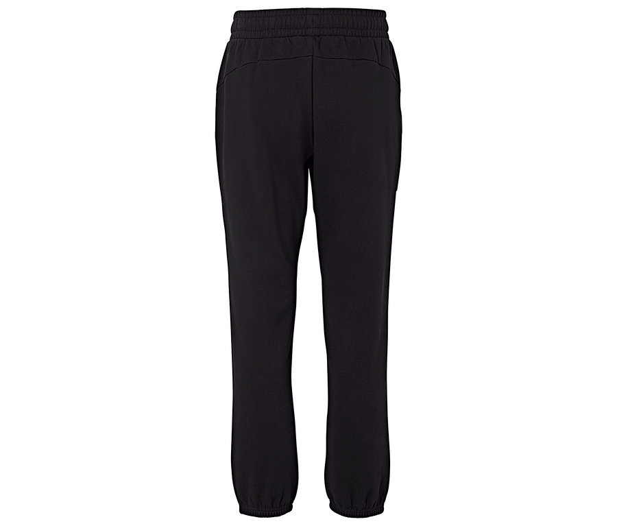 Hátulnézet egy fekete színű, húzózsinóros derekú és elasztikus szárvégekkel ellátott szabadidőnadrágról.