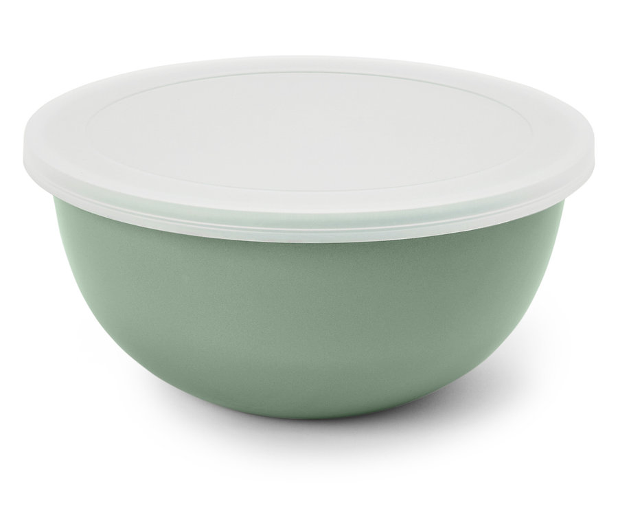 Egy zöld tál fehér fedővel.