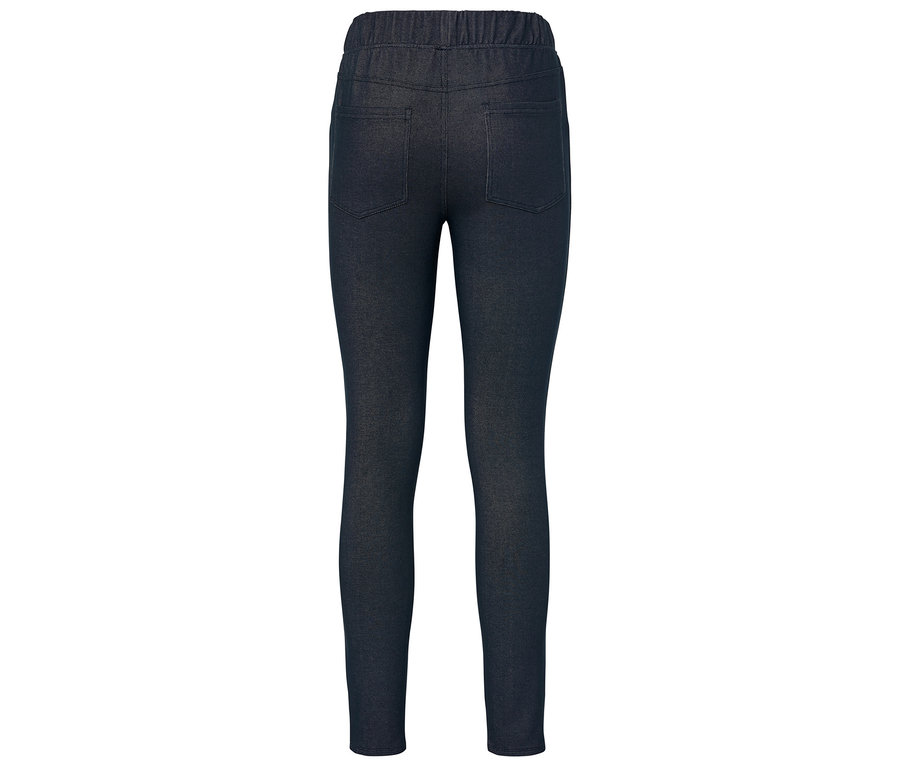 Sötétkék farmer leggings gumis derékpánttal és két hátsó zsebbel.