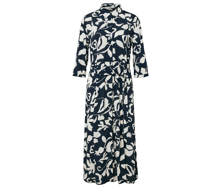 Hosszú ingruha sötétkék alapon fehér virágmintával.