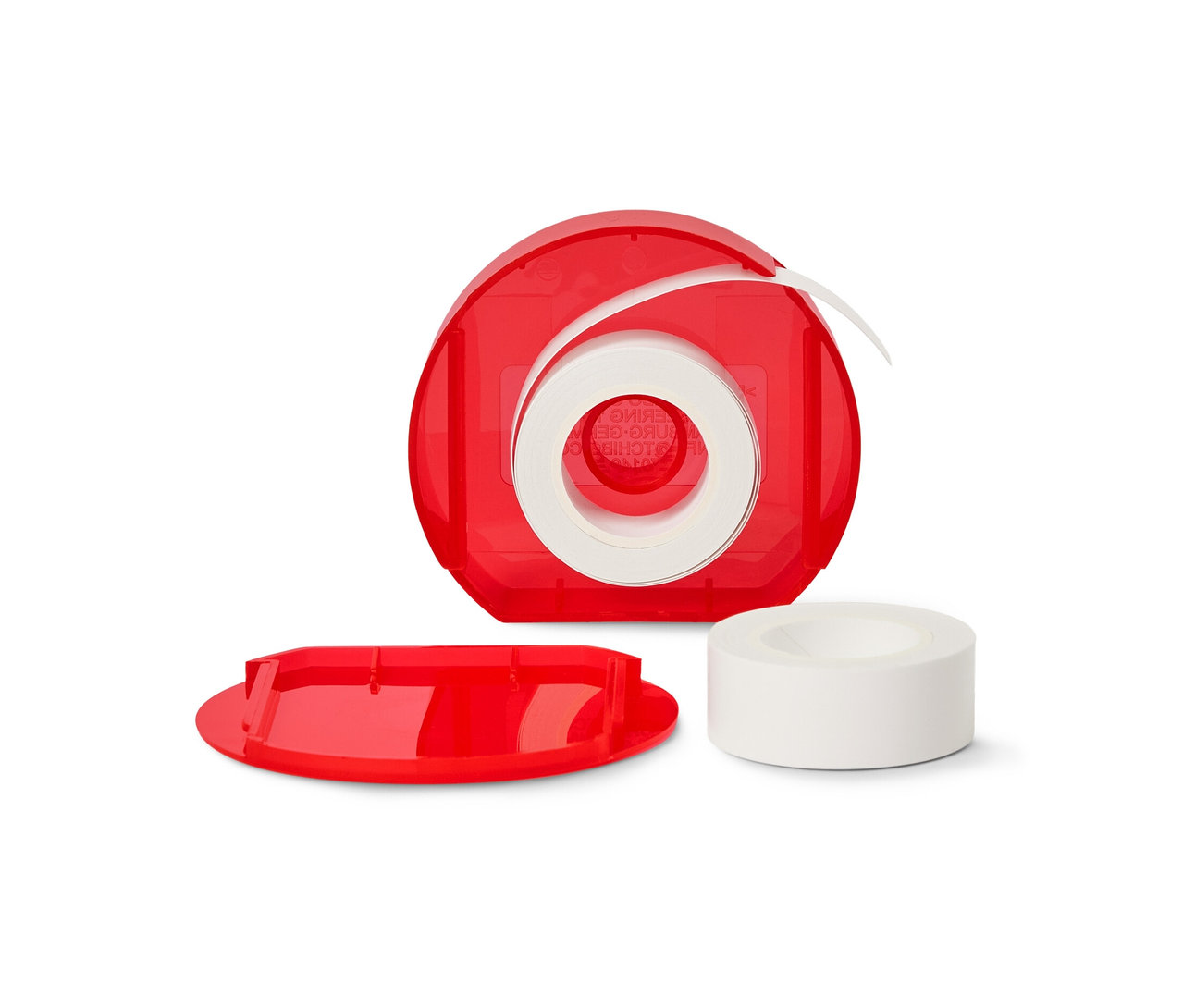 Egy piros címkeadagoló egy tekercs fehér címkével.