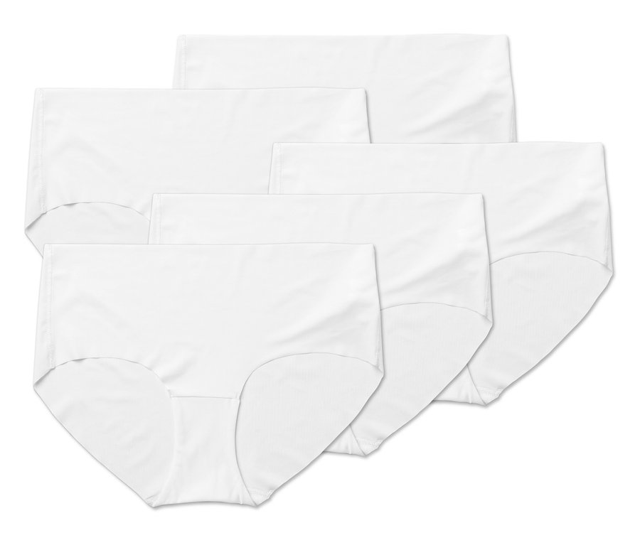 Öt fehér női alsónemű fekszik egymáson.