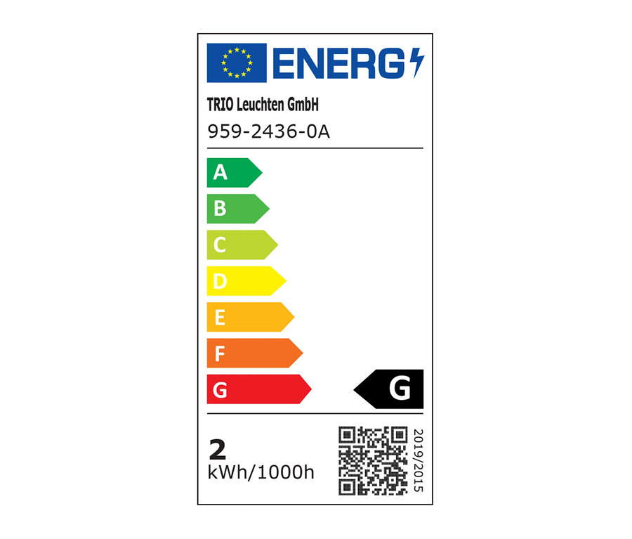 A TRIO Leuchten GmbH 959-2436-0A energiacímkéje, G energiahatékonysági osztállyal és 2 kWh/1000h fogyasztással.