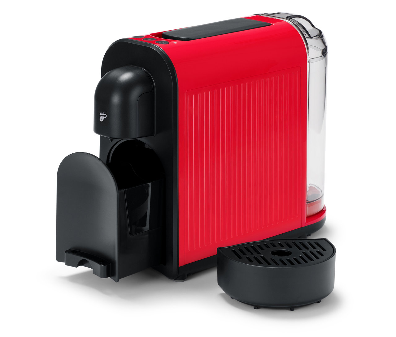 A piros Cafissimo now red kávéfőző a levehető csepptálcával egy fehér felületen áll.