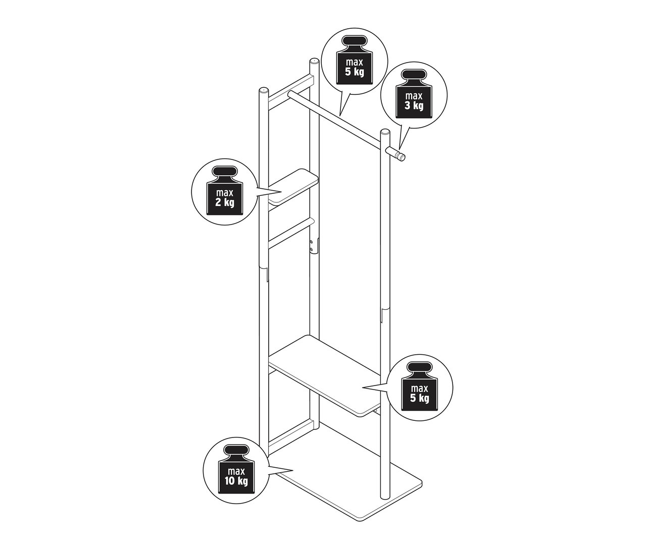 Felülnézet egy ruhafogasról polcokkal és súlyinformációkkal.
