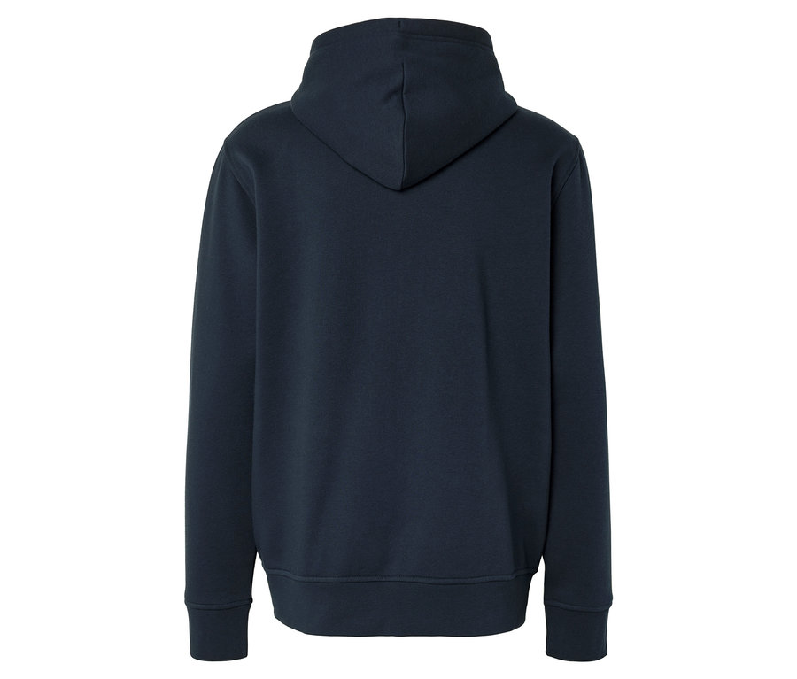 Hátulnézet egy sötétkék kapucnis pulóverről, kapucnival és hosszú ujjakkal.