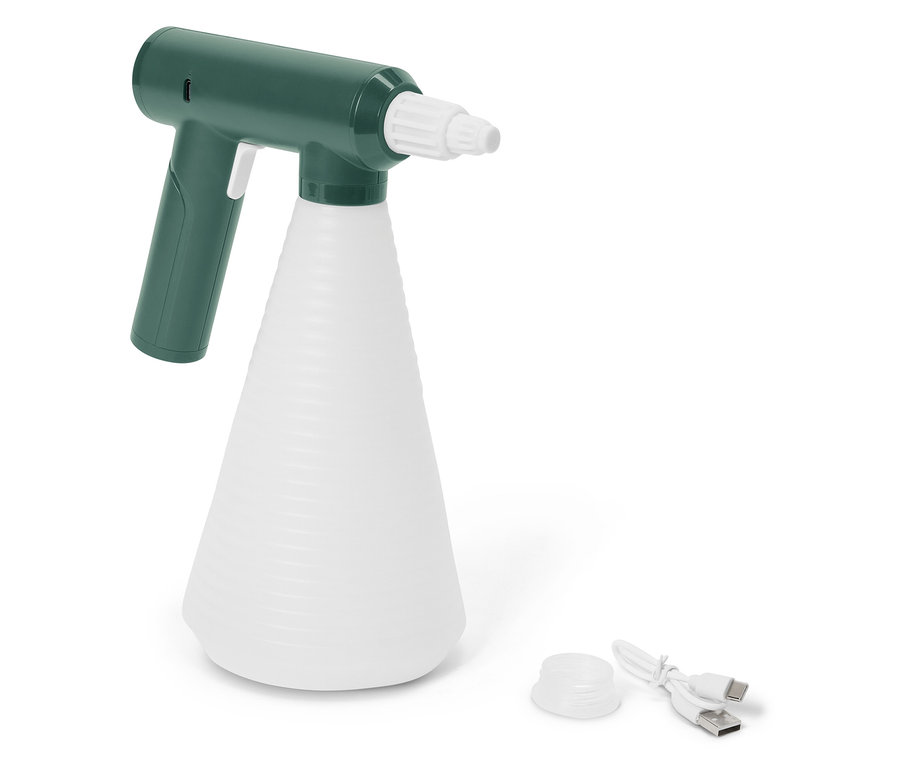 Egy zöld és fehér permetezőgép USB-kábellel fehér háttér előtt.